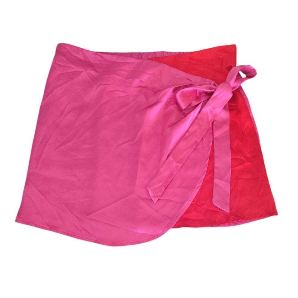 Sincerely Jules Pink Red Colorblock Satin Faux Wrap Pull On Mini Skirt XL